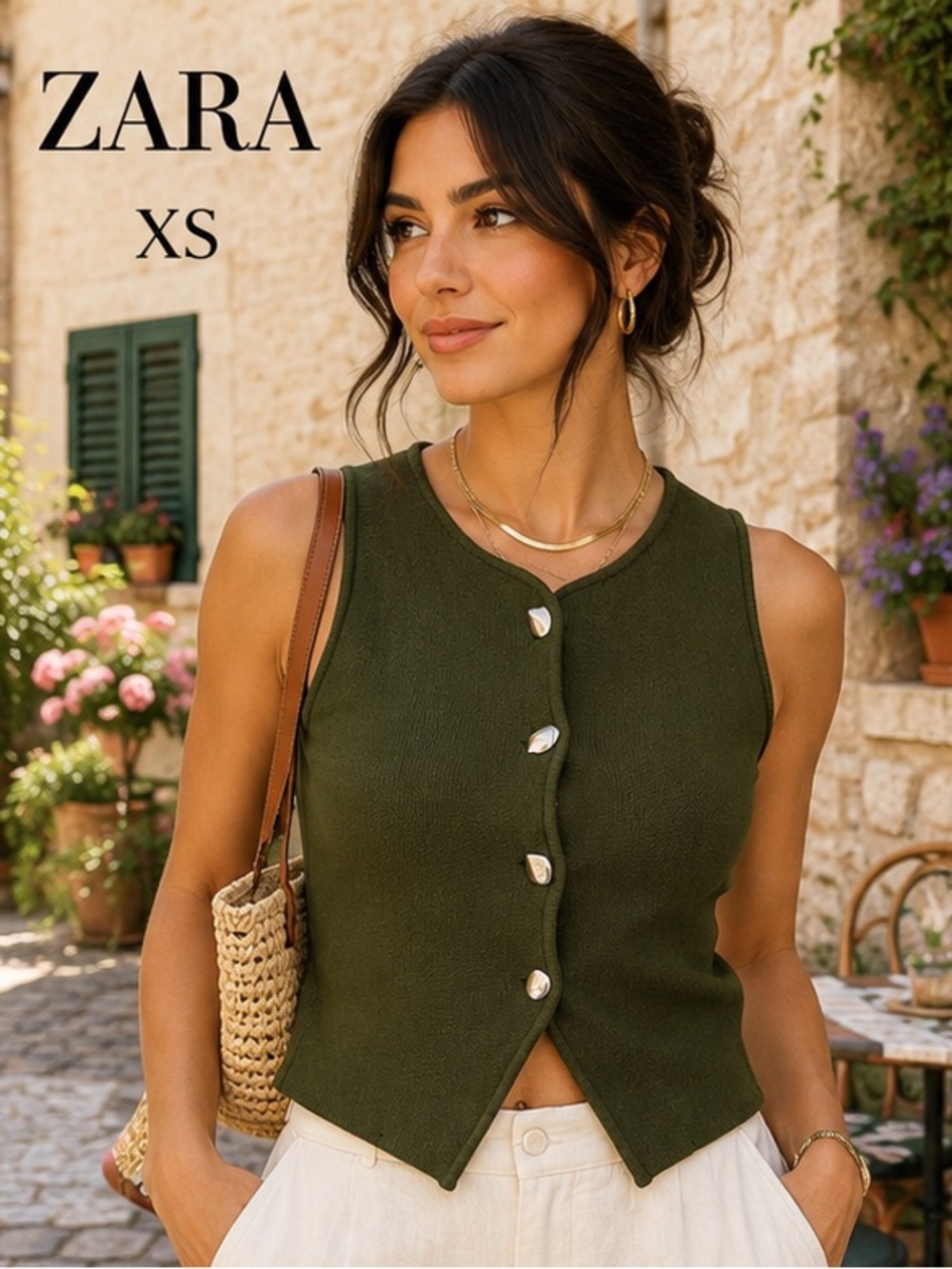 Zara Olive Green Knit Button Front Vest Tank Top XS